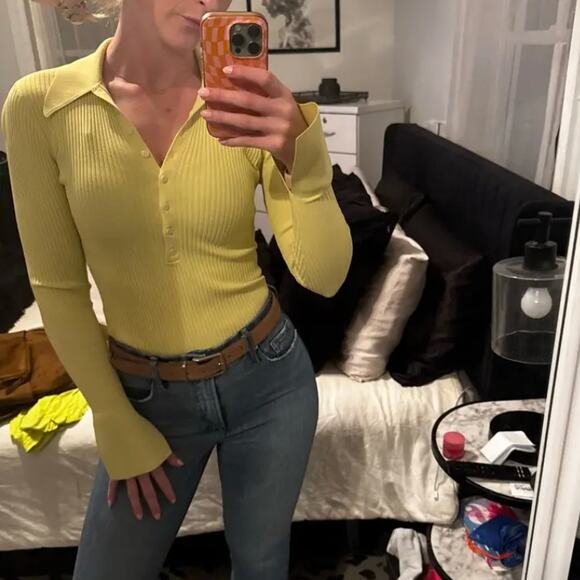 A.L.C. Lemon Yellow Ribbed Polo Sweater XS Bodycon Flared Sleeve Designer $325 - Picture 6 of 13